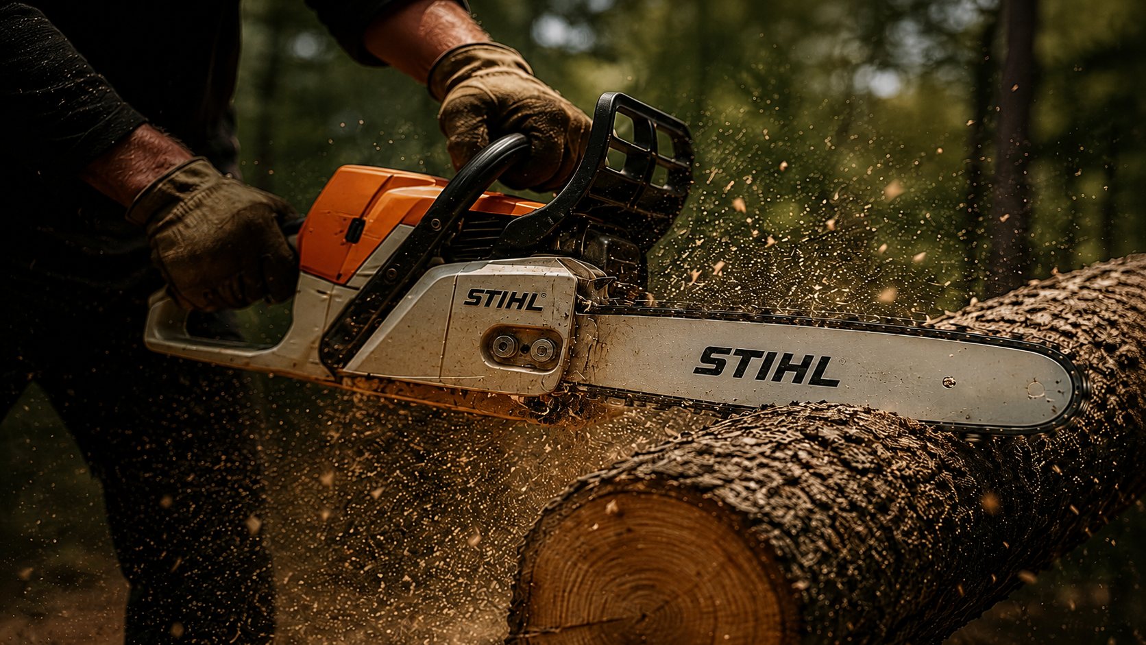 Chainsaw cutting a felled log